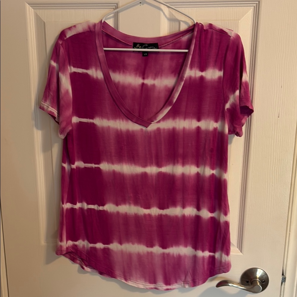 Tie-Dye V-Neck Short Sleeve Top - Pink